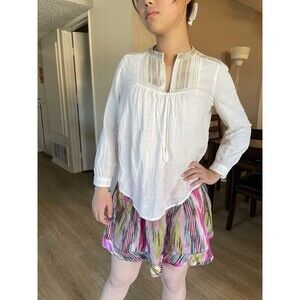 J Crew Bohemian Cotton Tunic Long Sleeve Top Cream White Embroidered Neckline 0P